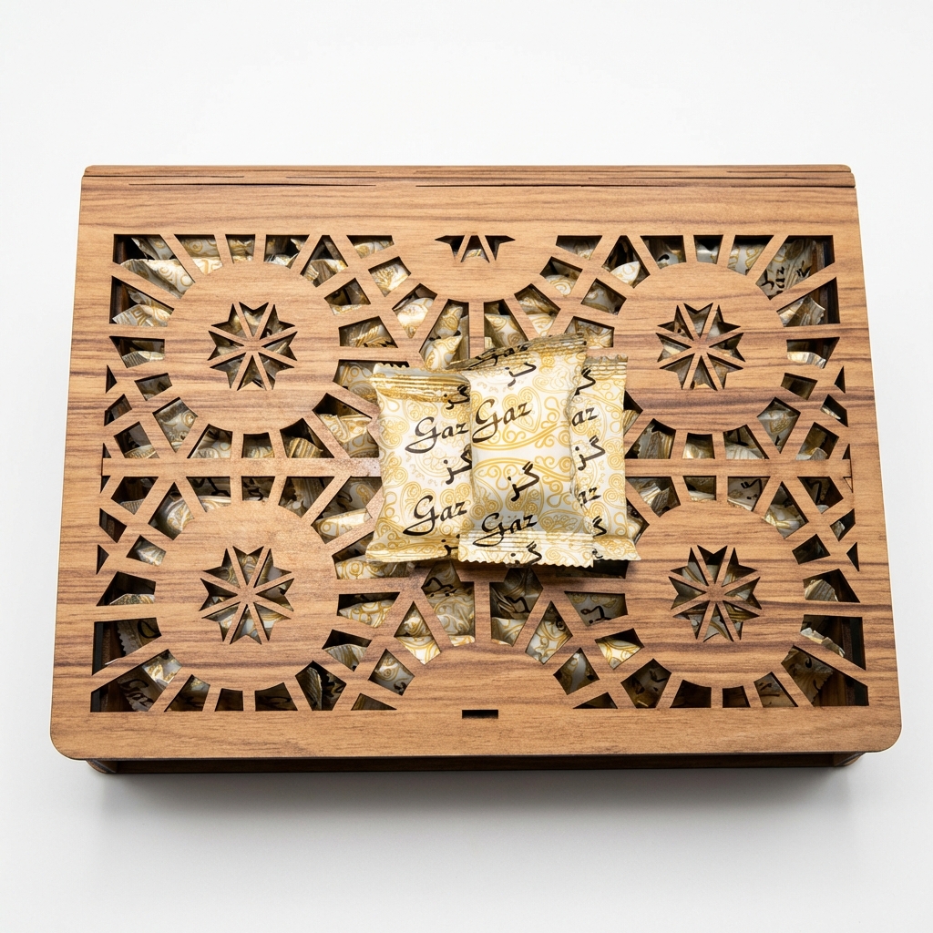 گز 40٪ پسته لقمه - جعبه چوبی مشبک (۴۰۰ گرم)